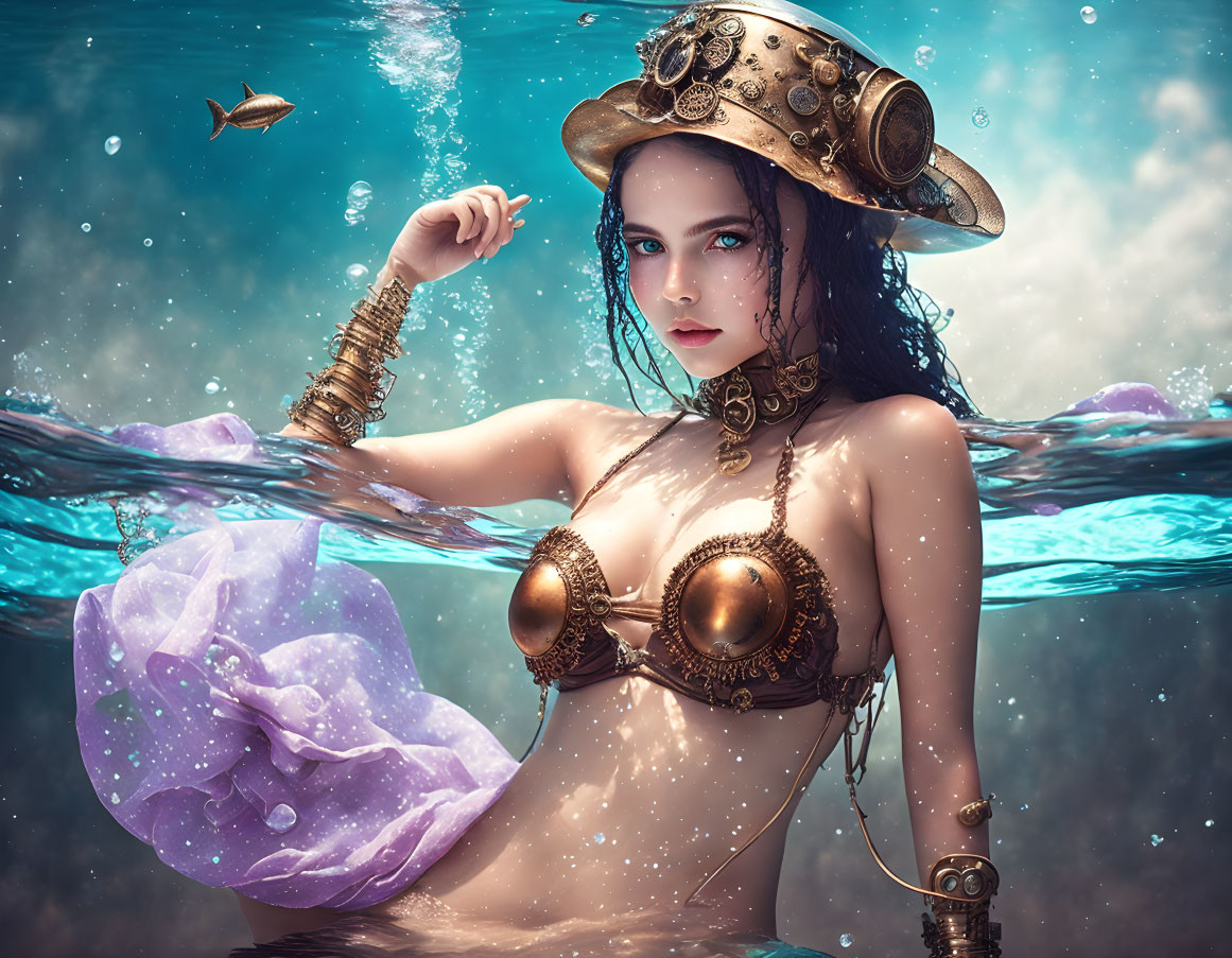 Steampunk-themed woman submerged in water with shimmering light and fish.