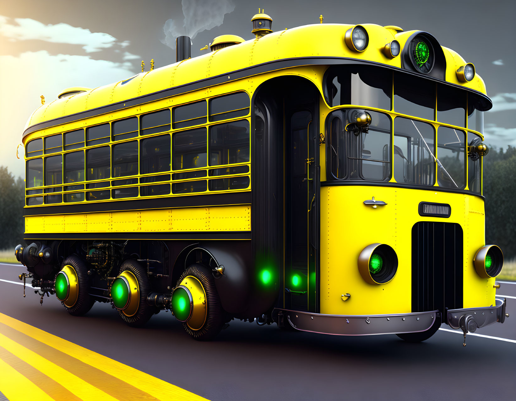 Yellow steampunk retro-futuristic bus emits steam on sunset road