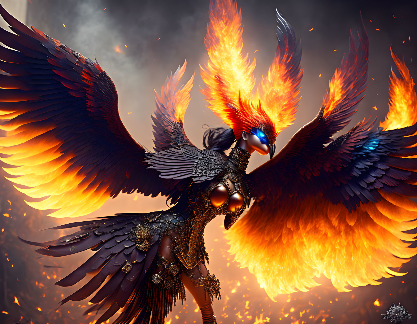 Majestic Phoenix with Fiery Orange and Blue Wings Soaring in Smoky Background