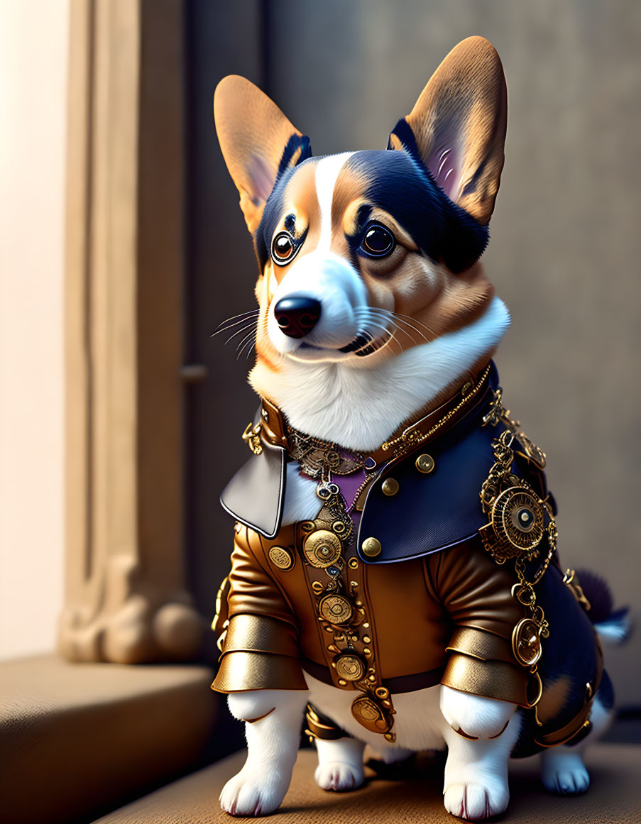 Steampunk-inspired fancy costume on a Corgi against blurred background