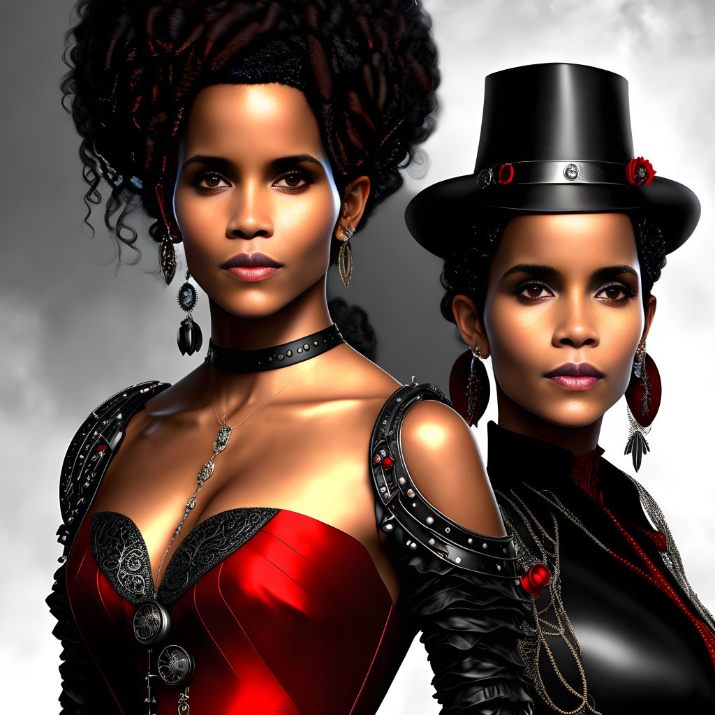 Identical Gothic female figures in red and black attire with chokers and top hats