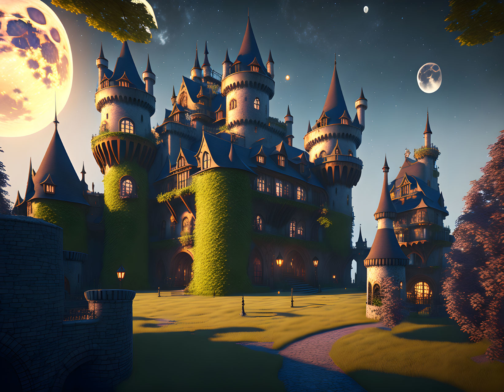 Fantasy castle with spires and towers in twilight setting