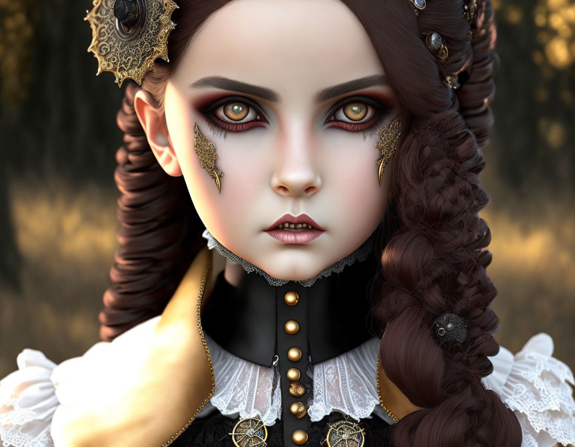 Digital artwork: Female figure with red eyes, gold earrings, Victorian attire, autumn backdrop