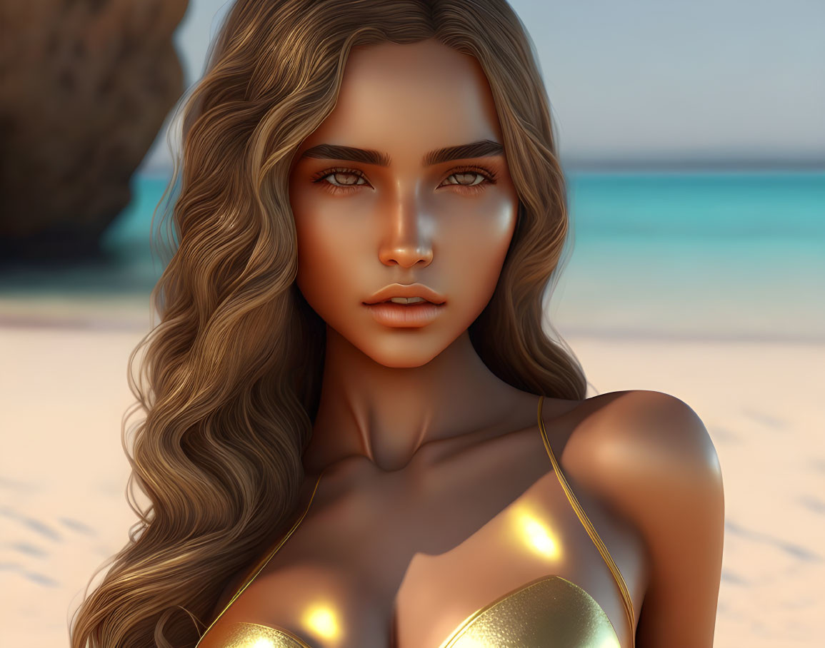 3D Rendered Image of Woman with Wavy Hair in Golden Swimsuit Top