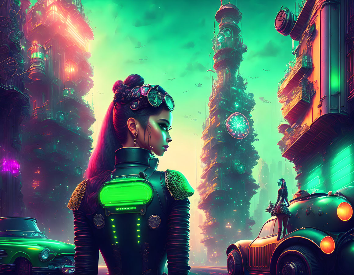 Futuristic woman in neon-lit cyberpunk cityscape