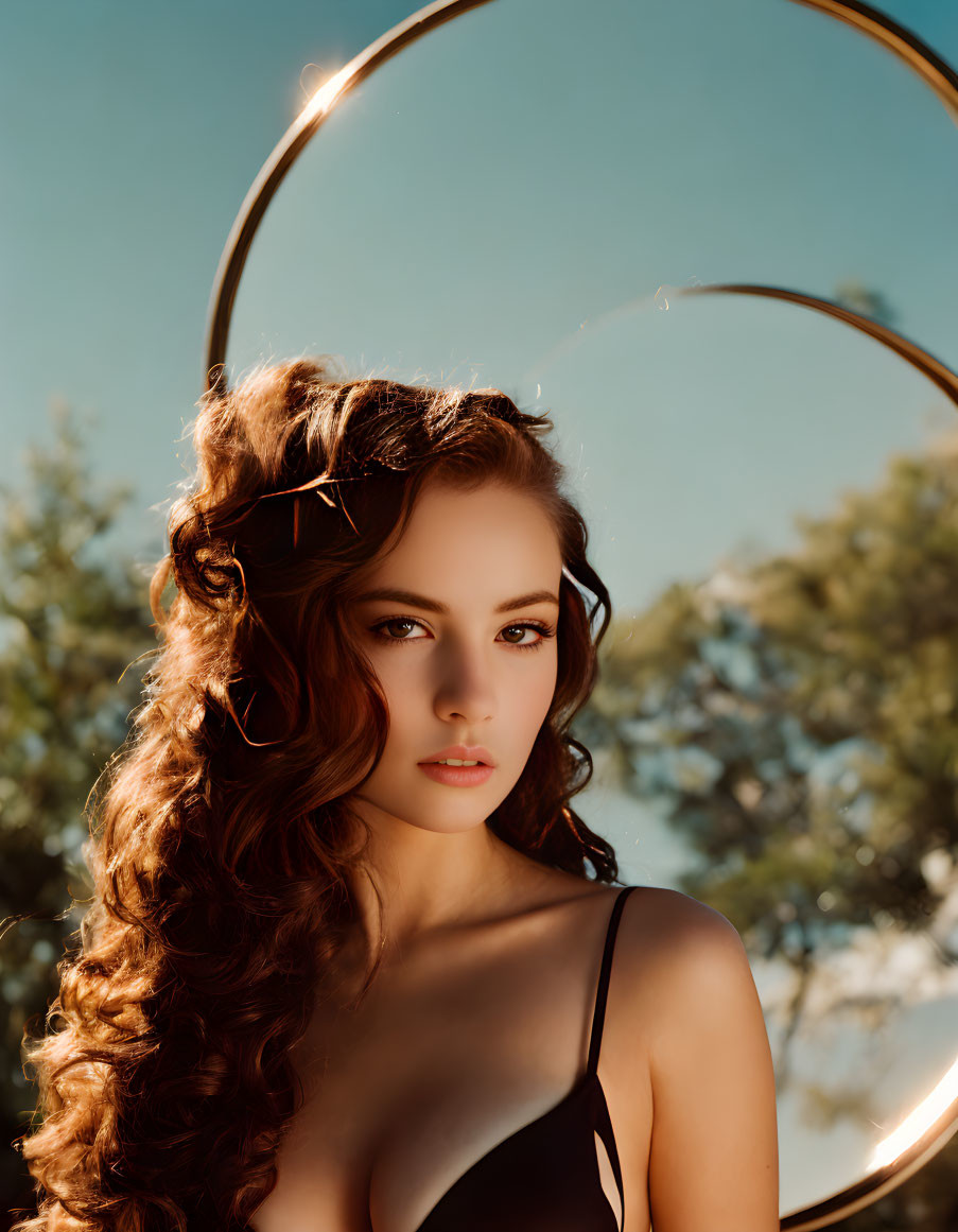 Curly-haired woman in black top with golden rings against blue sky