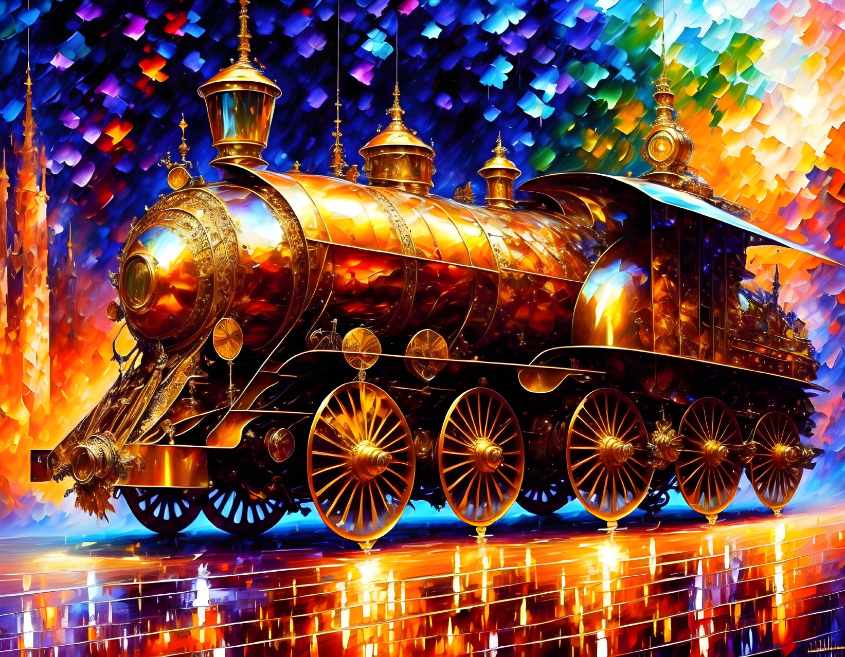 Colorful Artwork: Golden Steam Locomotive in Motion on Fiery Mosaic Background