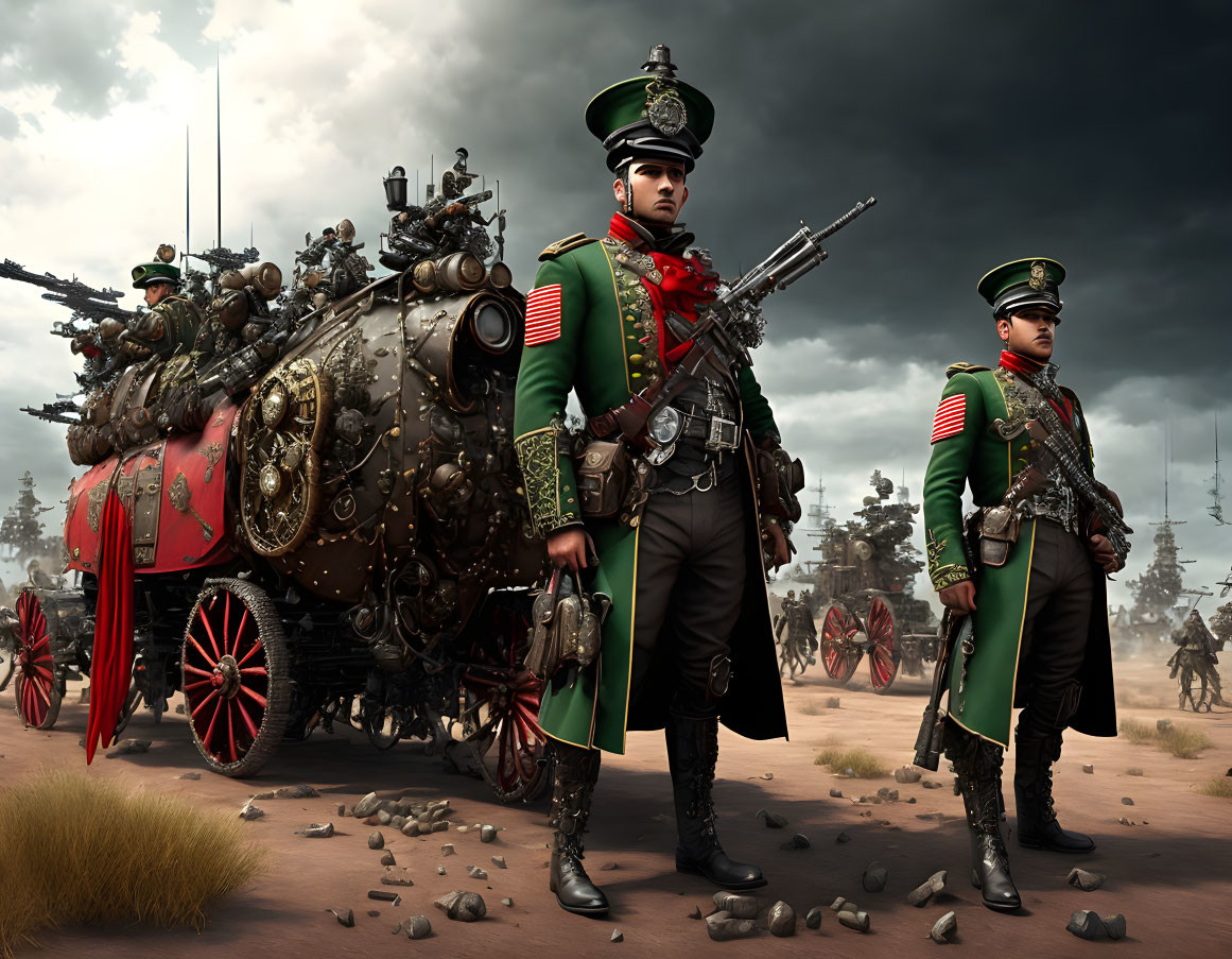 Ornate Uniformed Soldiers with Steampunk Armored Vehicle on Dystopian Battlefield