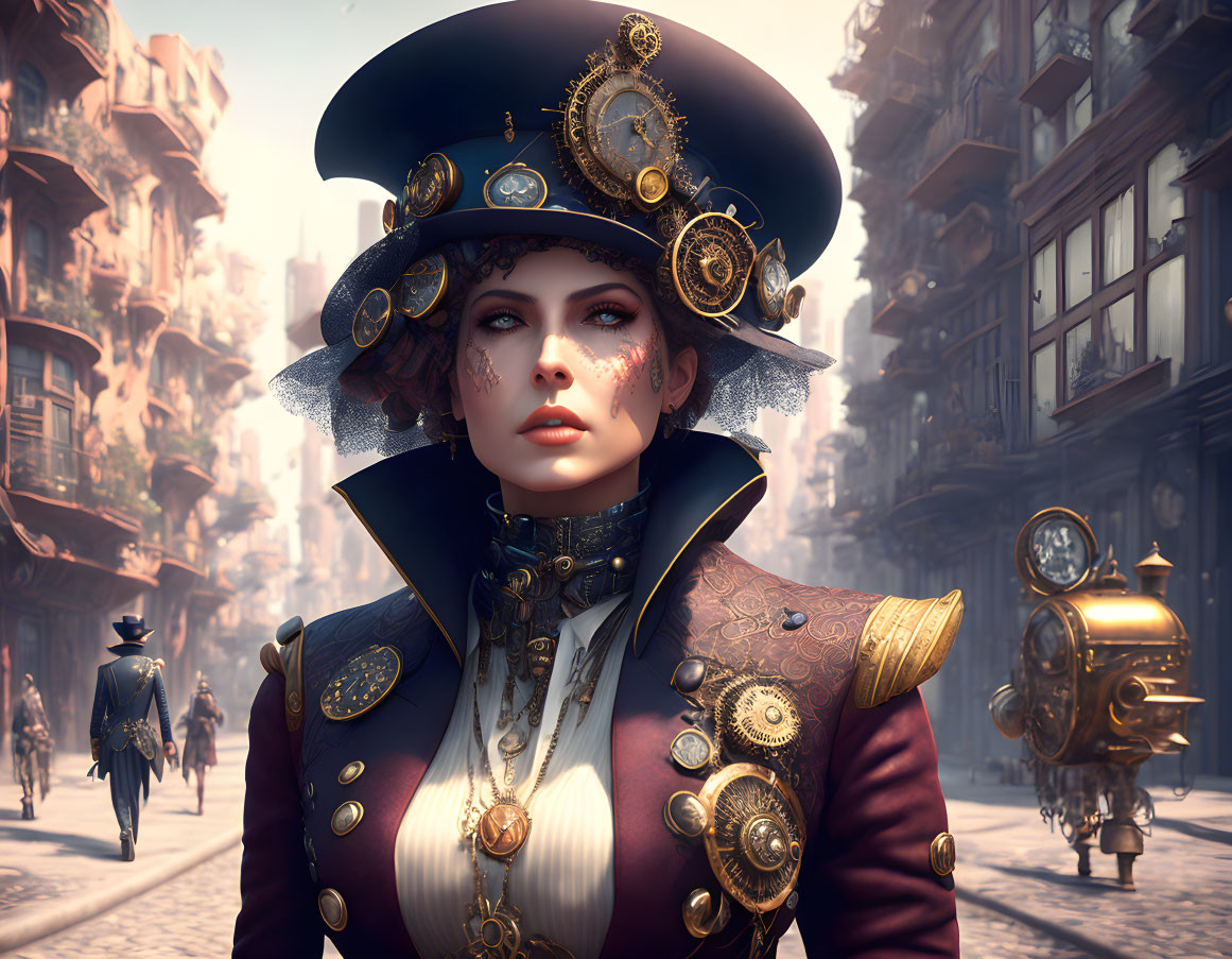 Elaborate Steampunk Attire in Retro-Futuristic City Street