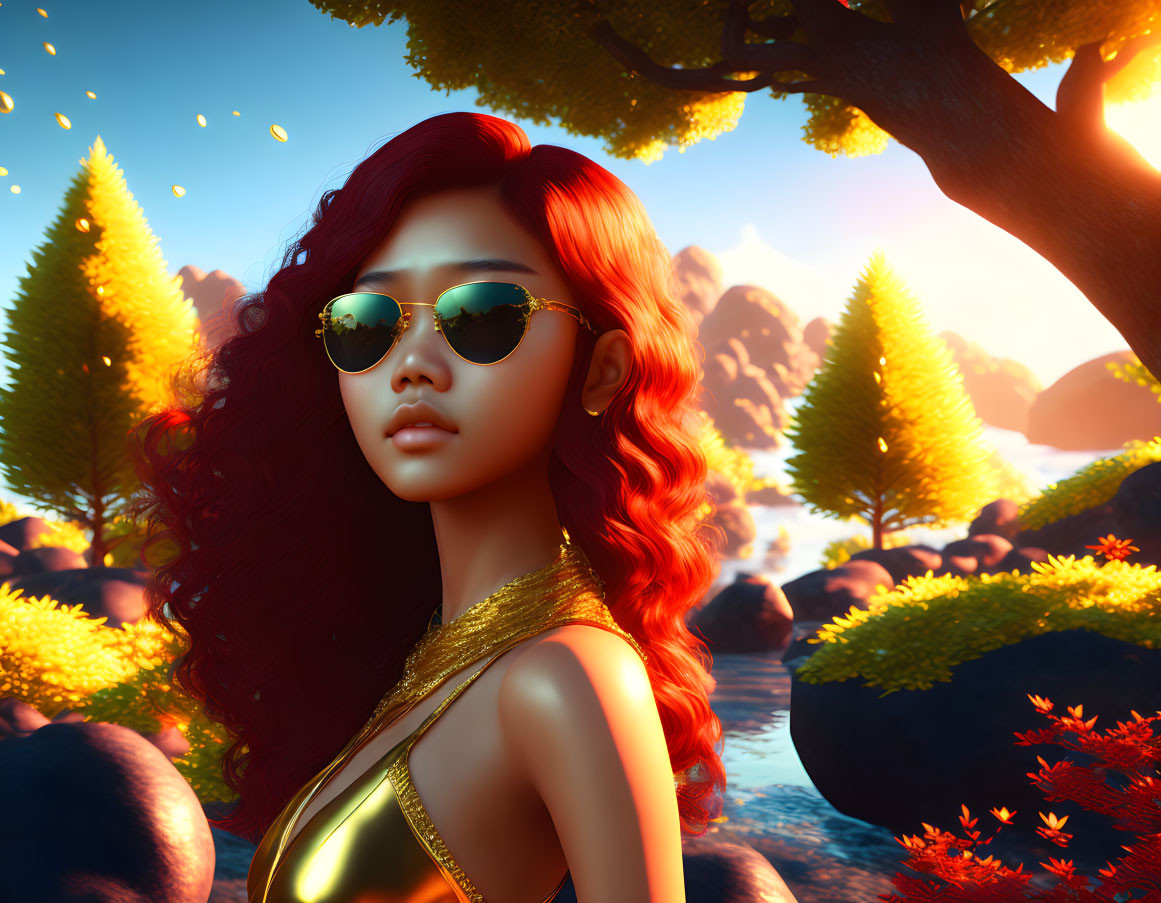 Digital artwork: Woman with red hair and sunglasses in autumn setting