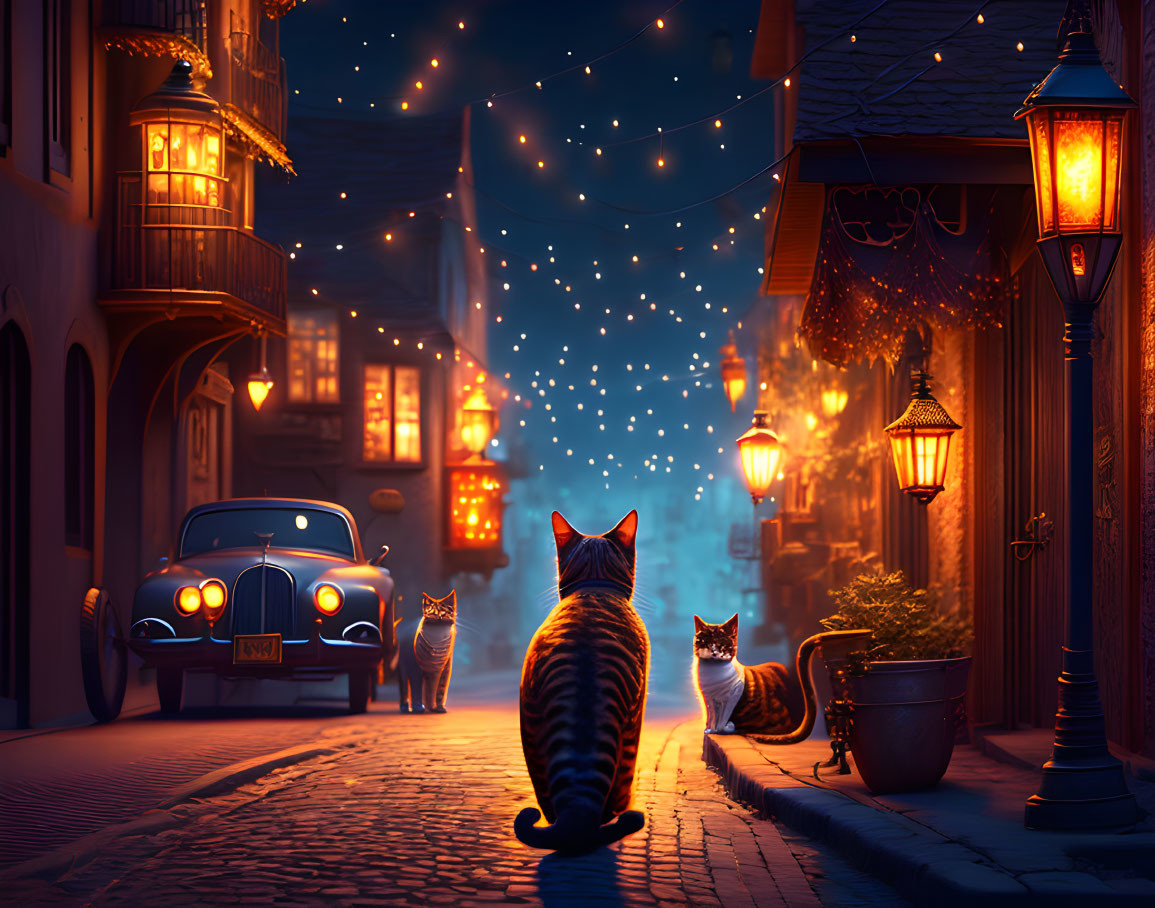 Three cats on cobblestone street at night with vintage street lamps and classic car in backdrop