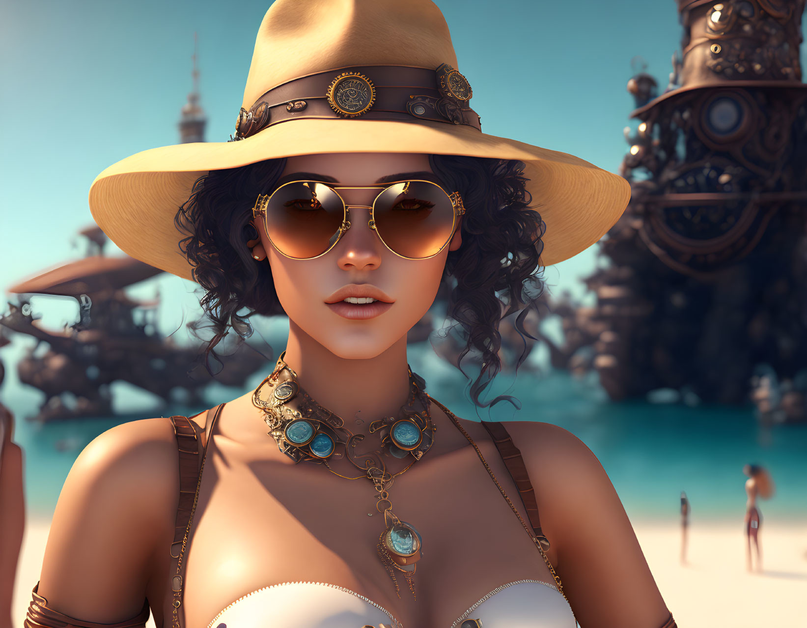 Female character in steampunk attire at the beach with sunglasses and wide-brimmed hat