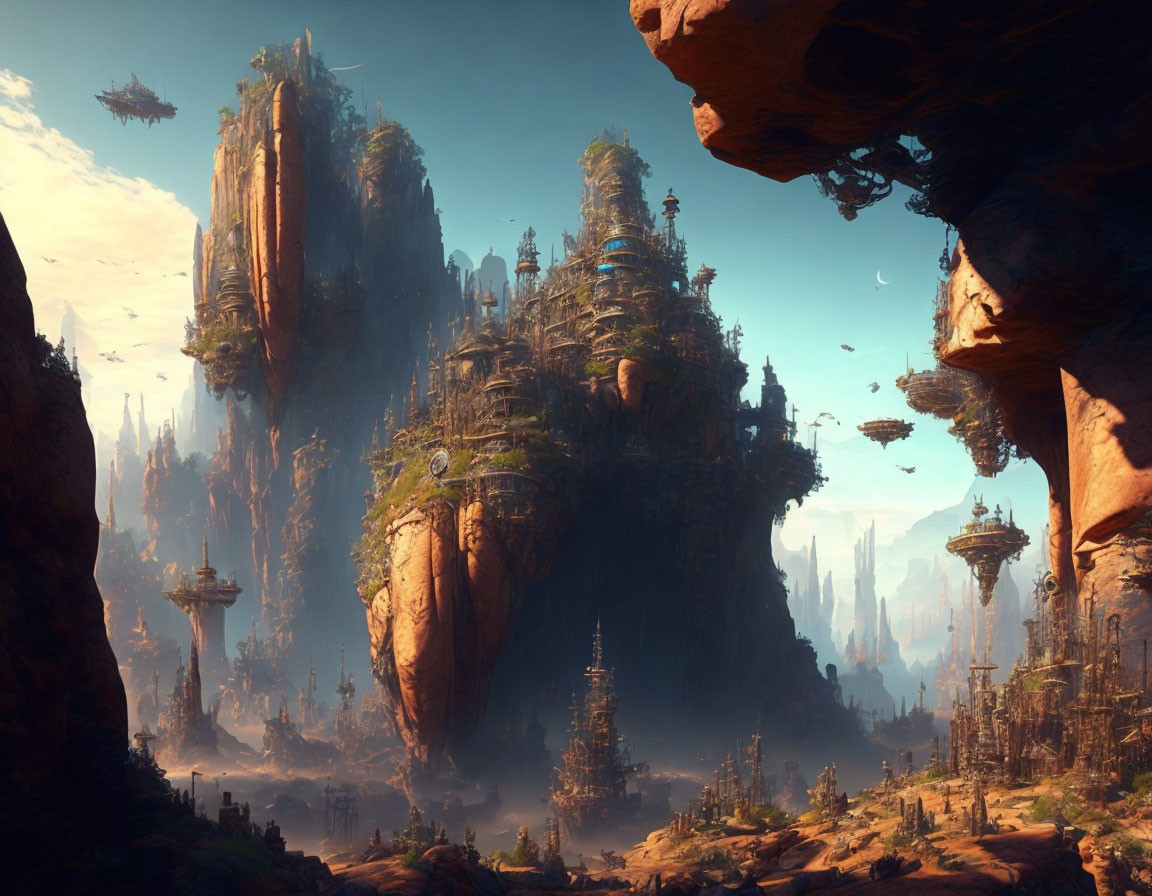 Fantastical landscape with towering rock formations and floating islands