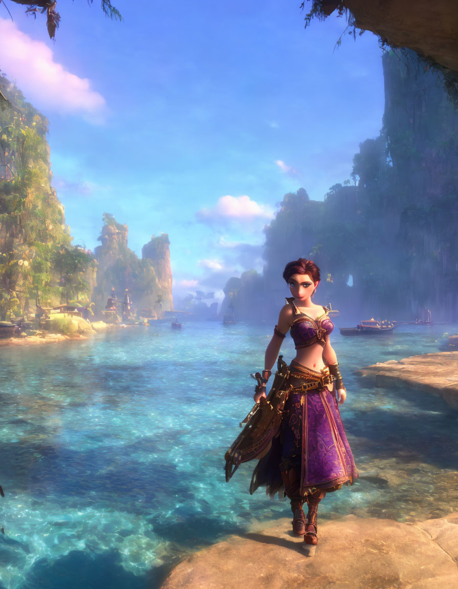 Fantasy female warrior by blue waterbody with boats and rocks