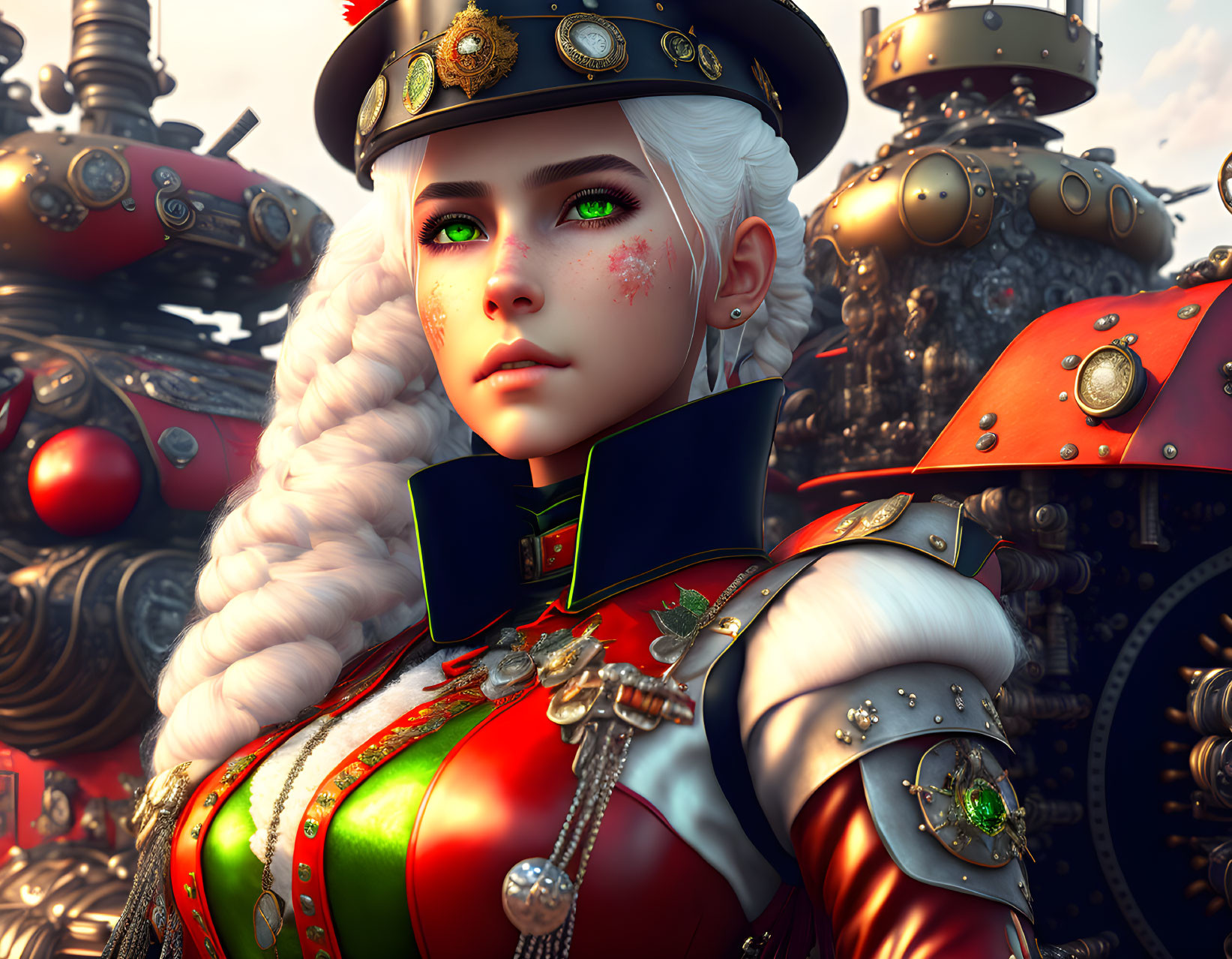 Colorful Steampunk Digital Art: Woman in Military Uniform