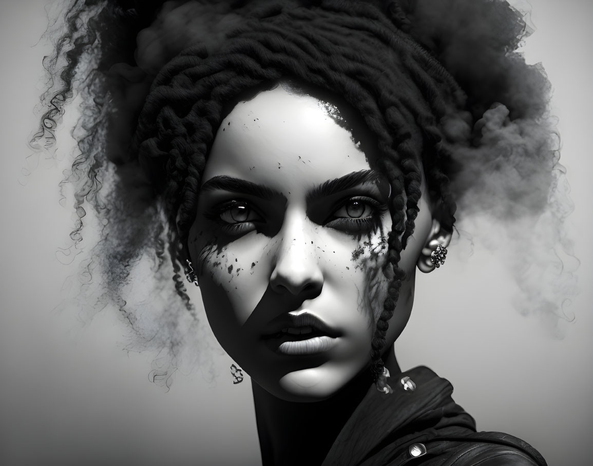 Black and white portrait of a woman with dreadlocks and freckles, featuring intense gaze and sm