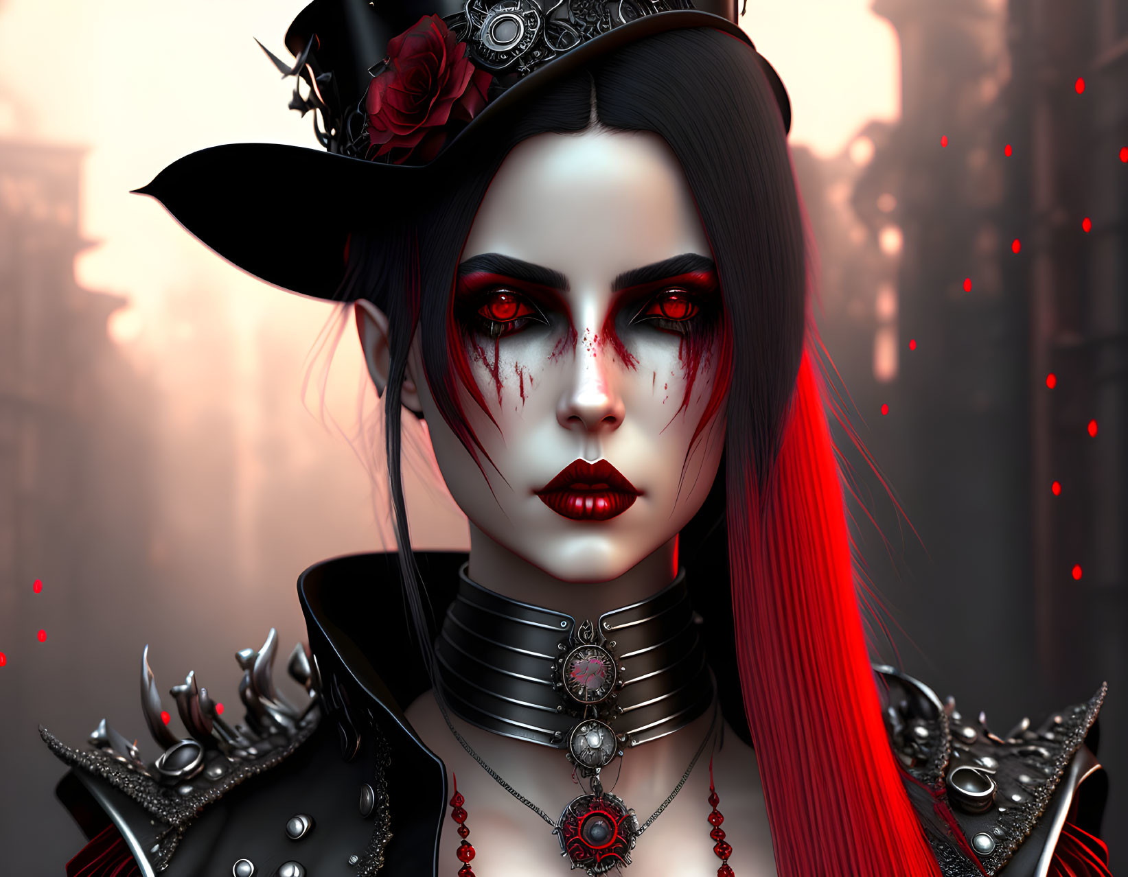 Woman with Red and Black Gothic Hair, Makeup, Roses, and Spikes