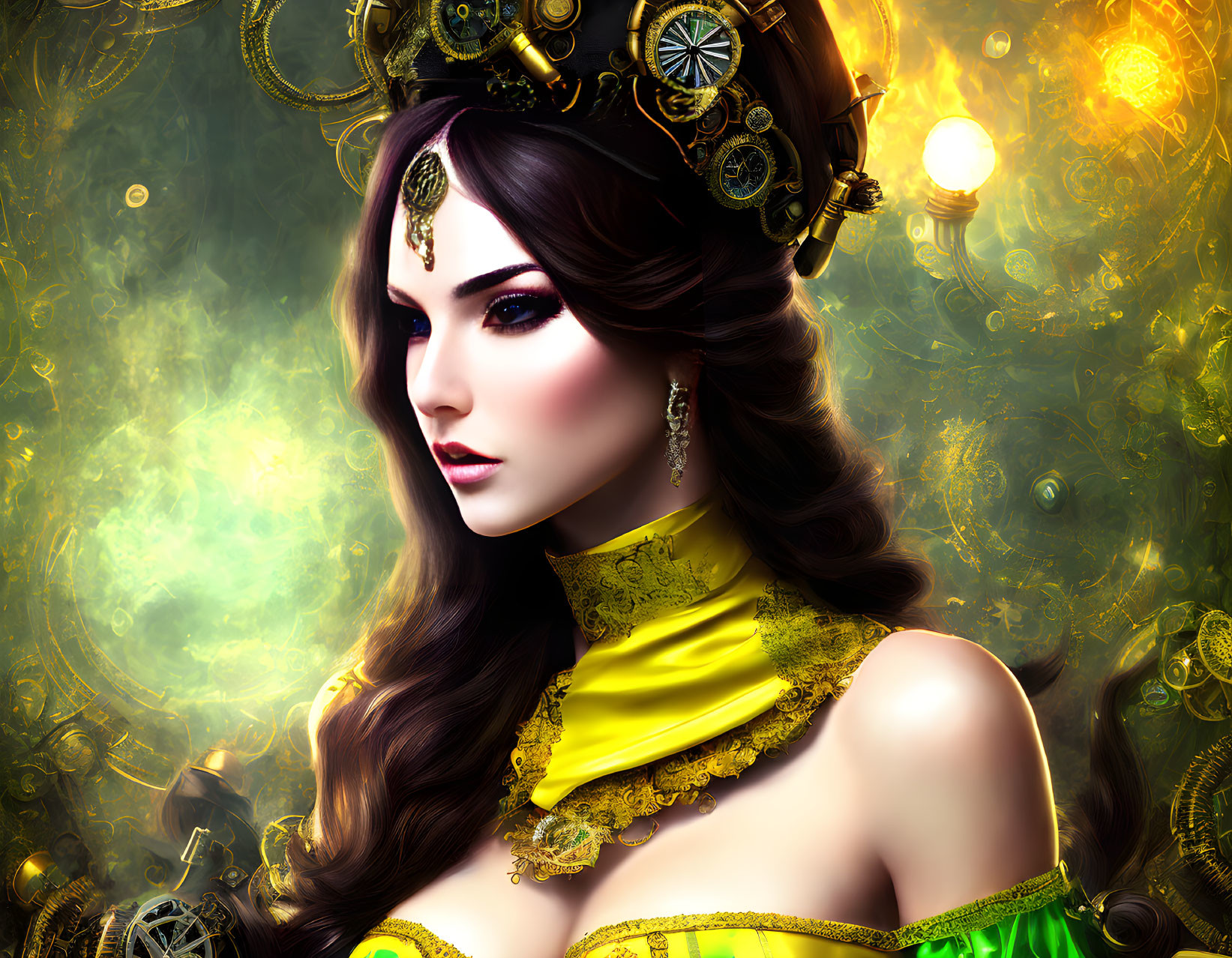 Fantasy woman with golden headgear and green dress among glowing gears