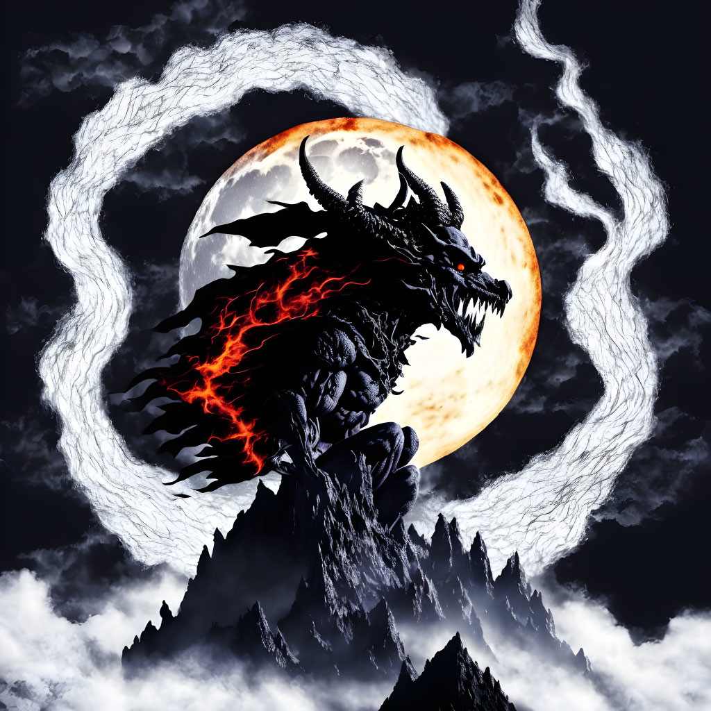 Black Dragon on Craggy Peak under Full Moon