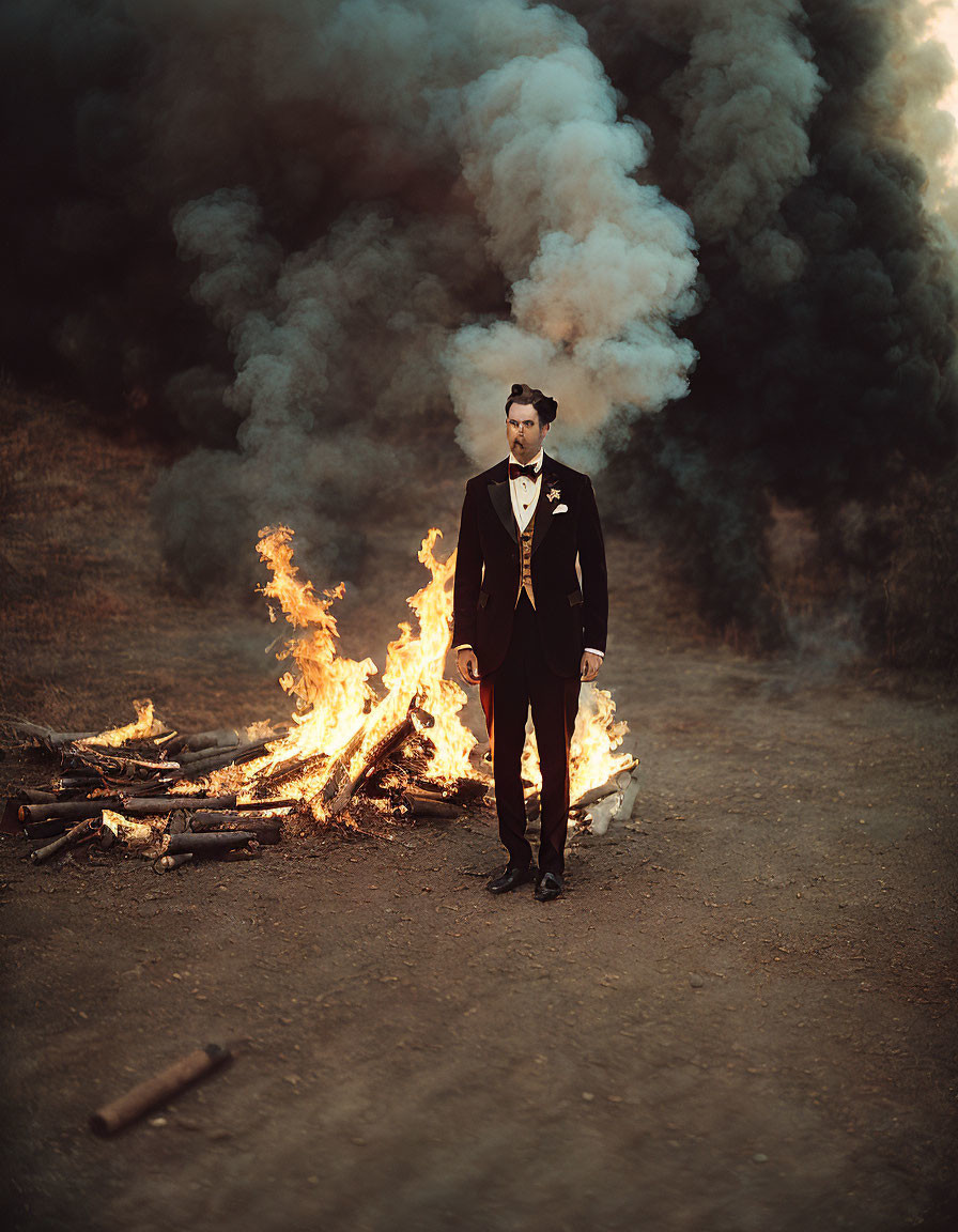 Man in tuxedo poses confidently by large bonfire