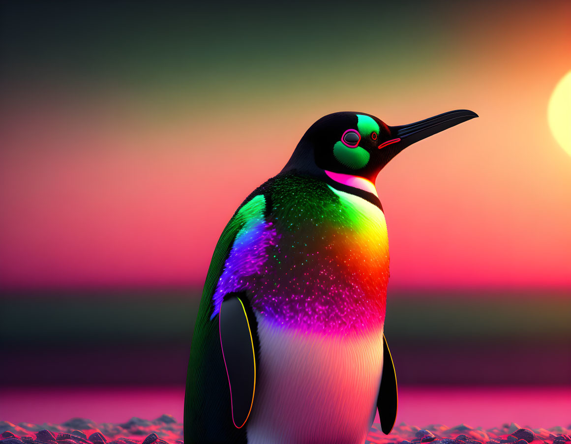 Colorful Stylized Penguin in Iridescent Feathers at Sunset