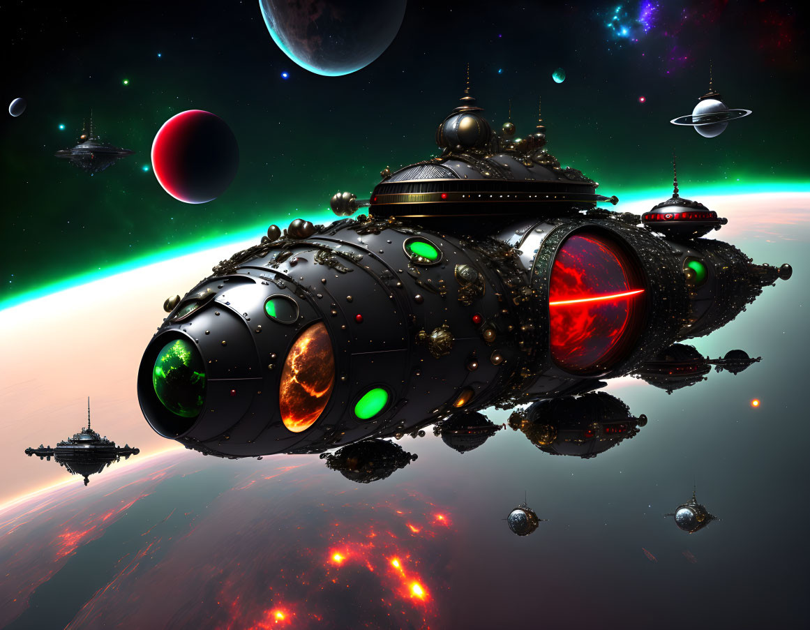 Intricately designed spaceship with glowing green windows and red accents in space scene