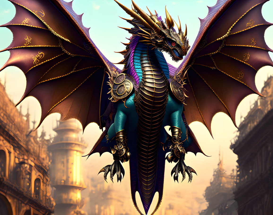 Blue dragon with gold-accented wings in front of detailed fantasy castle