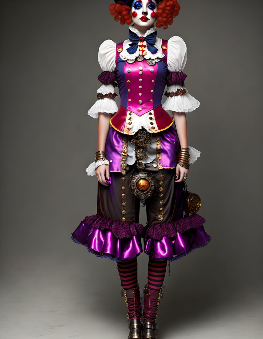 Colorful Clown in Steampunk Costume with Red Hair on Grey Background