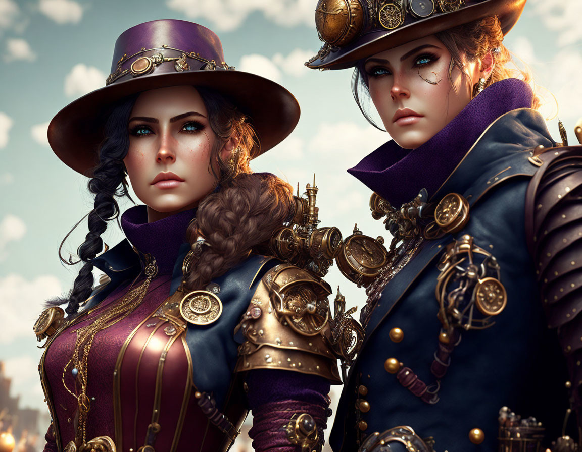 Two women in steampunk attire with hats and goggles under cloudy sky