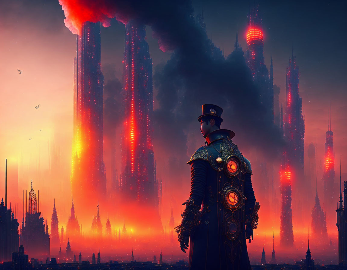 Decorated uniform person in front of futuristic city with tall red structures