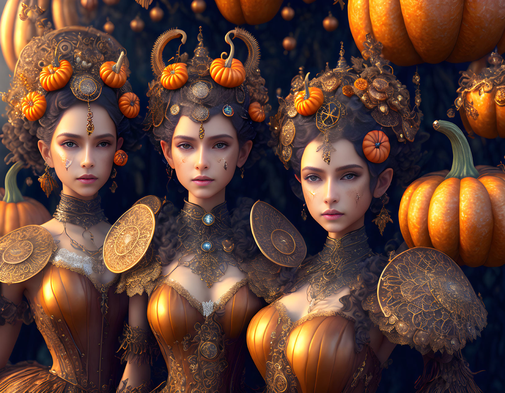 Three women in autumn fantasy attire with elaborate headdresses among pumpkins