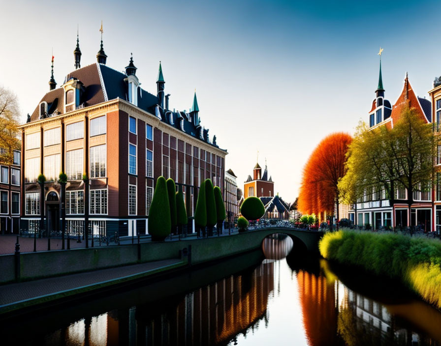 Tranquil Dutch canal with traditional architecture and trees