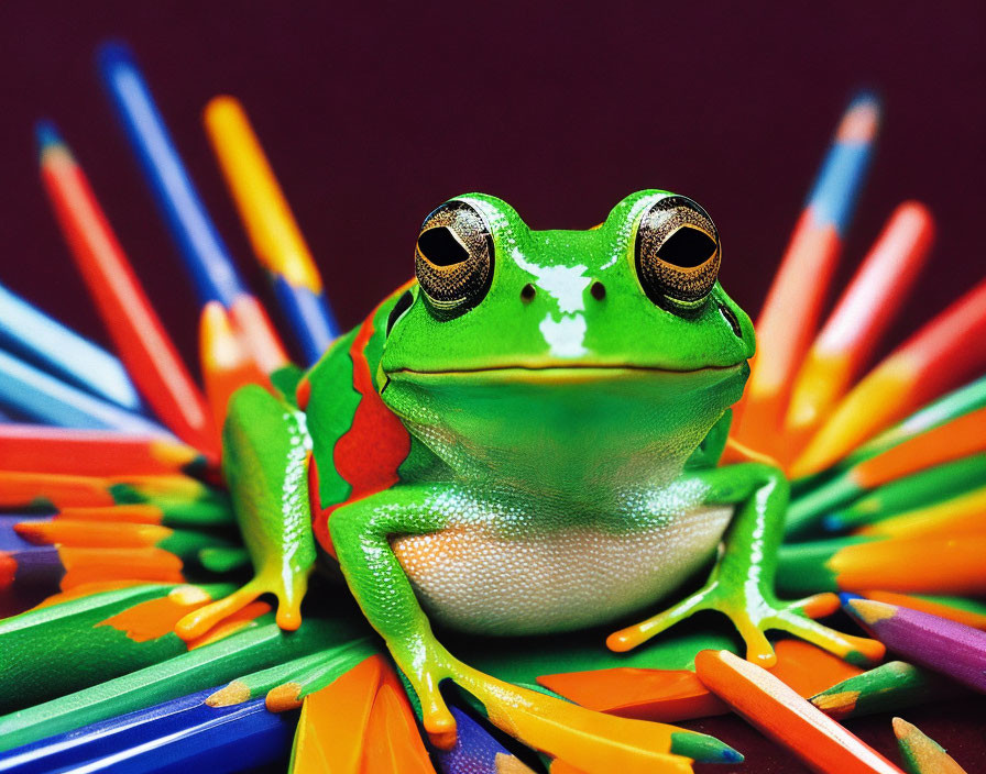 Colorful Frog on Multicolored Pencils Against Maroon Background