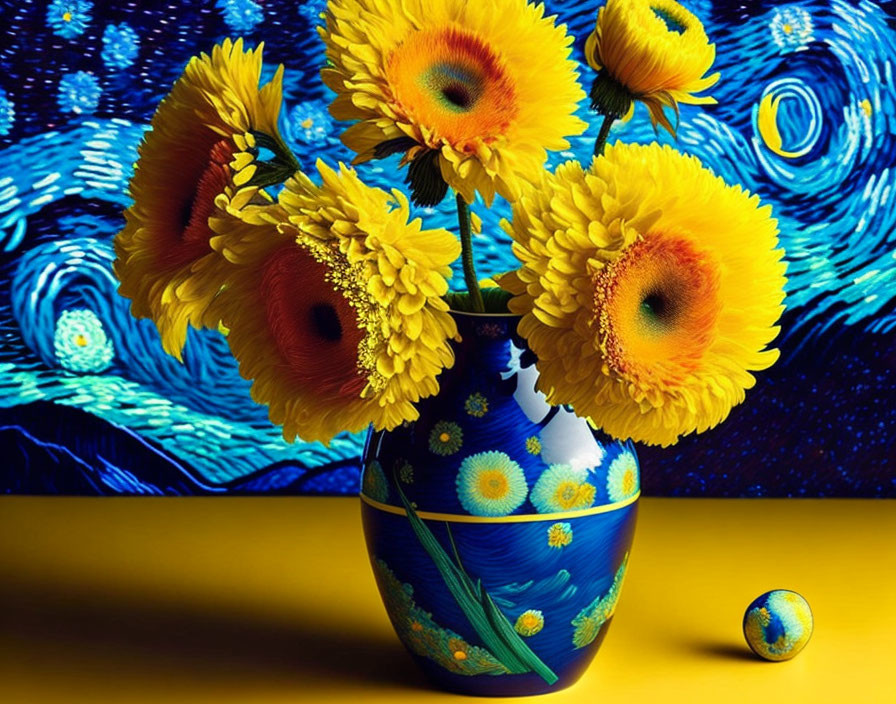 Yellow Sunflowers in Blue Vase on Starry Background