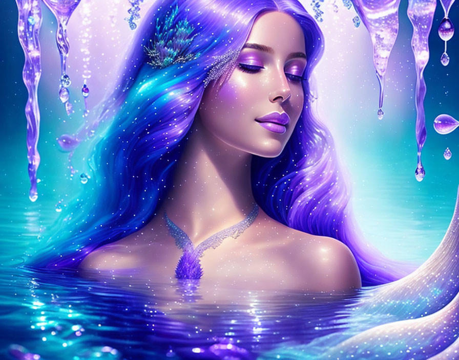 Purple-haired woman merges with frosty aquatic backdrop in stunning image