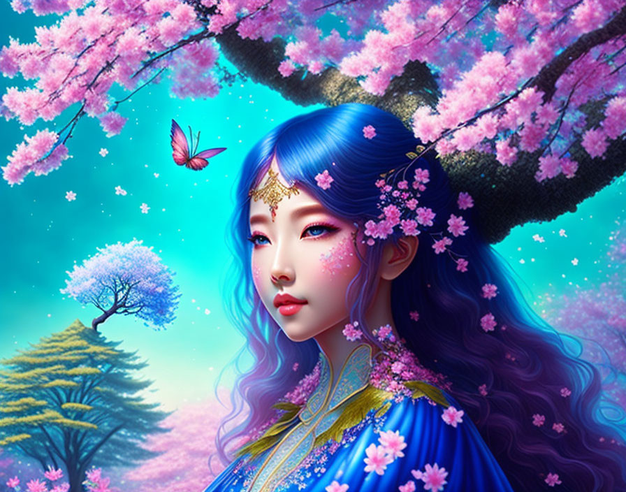 Digital illustration: Woman with blue hair in fantasy setting with cherry blossoms and butterfly