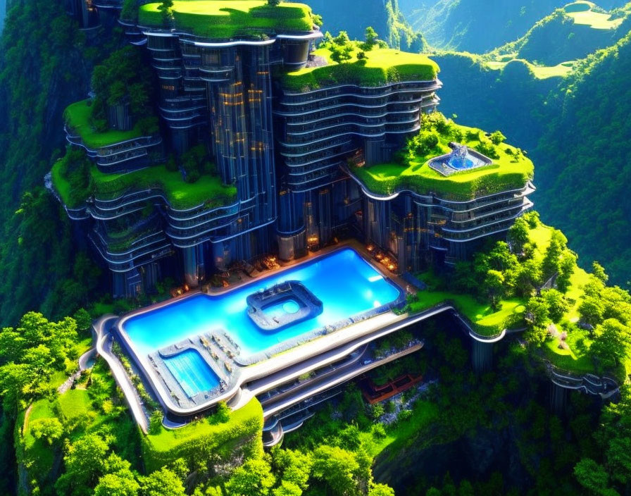 Futuristic multi-tiered building with blue swimming pool on lush green cliff