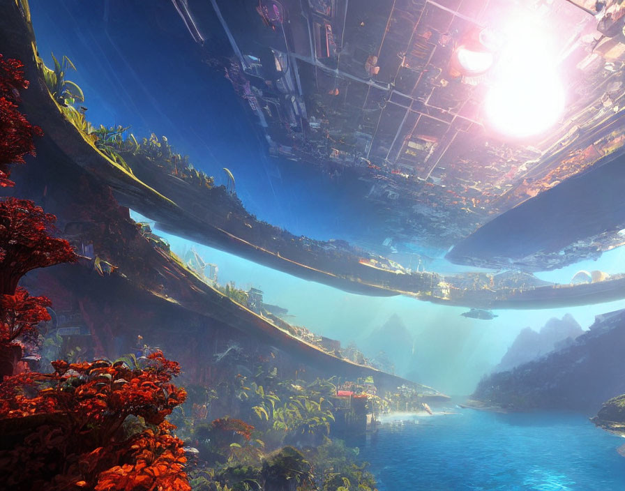 Futuristic cityscape with lush vegetation, blue waters, towering structures