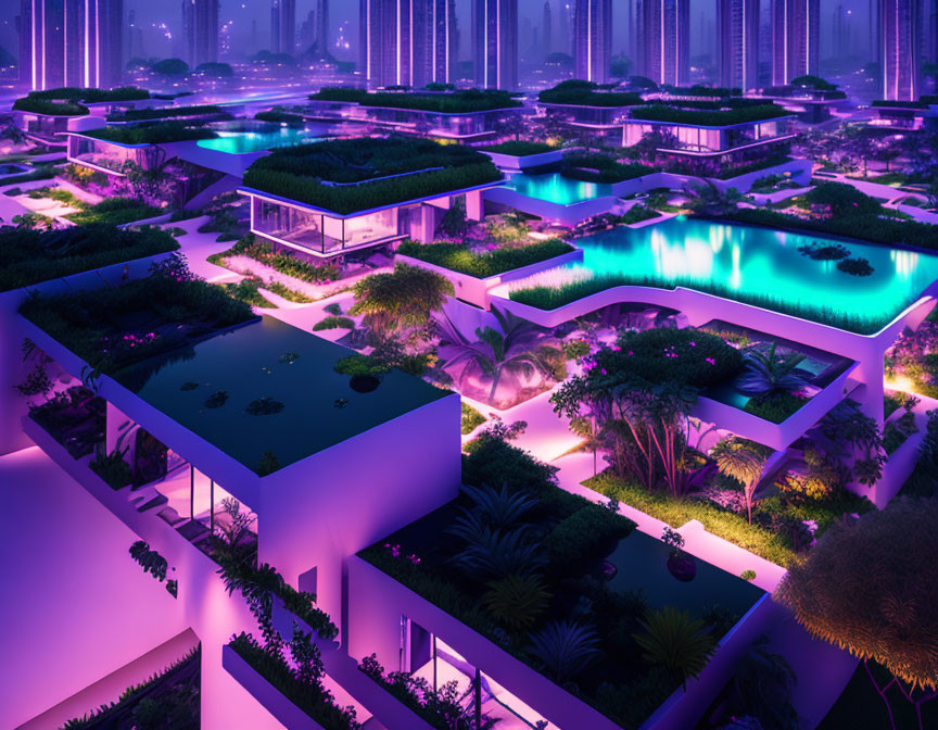 Luminous futuristic cityscape at night with rooftop gardens under purple sky