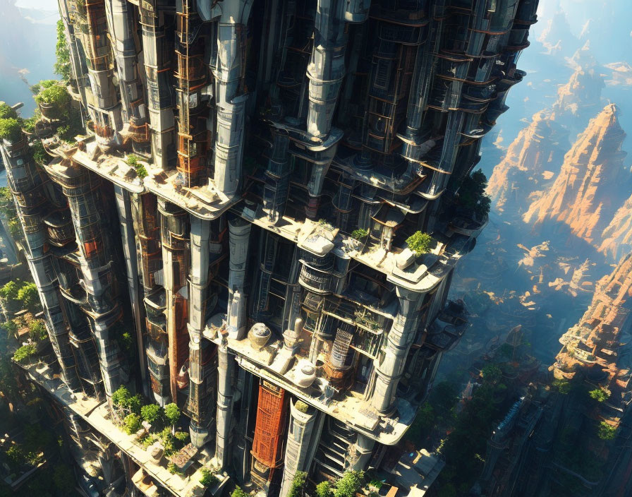 Towering futuristic skyscraper with lush greenery in forested canyon