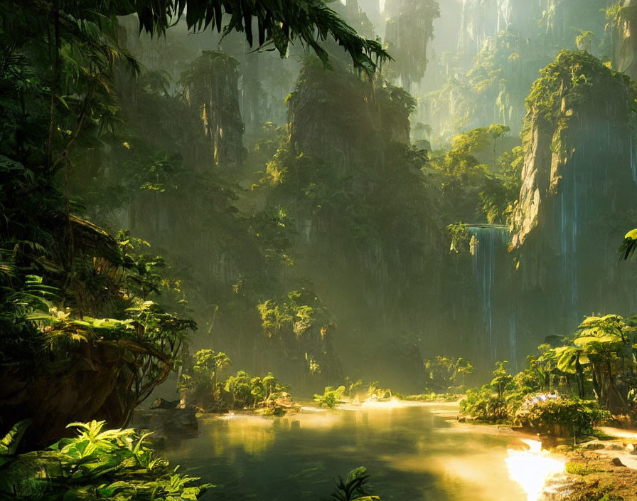 Tranquil Tropical Forest with Sunbeams, Waterfalls, and River