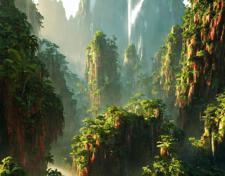 Mystical landscape with towering cliffs, waterfalls, and lush greenery