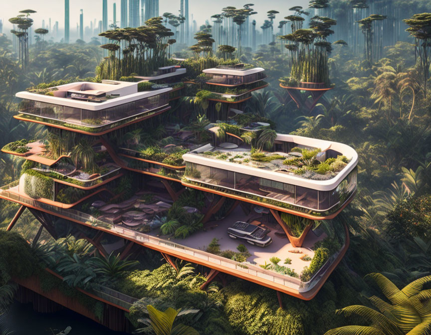 Modern skyscrapers with rooftop gardens in lush forest setting.