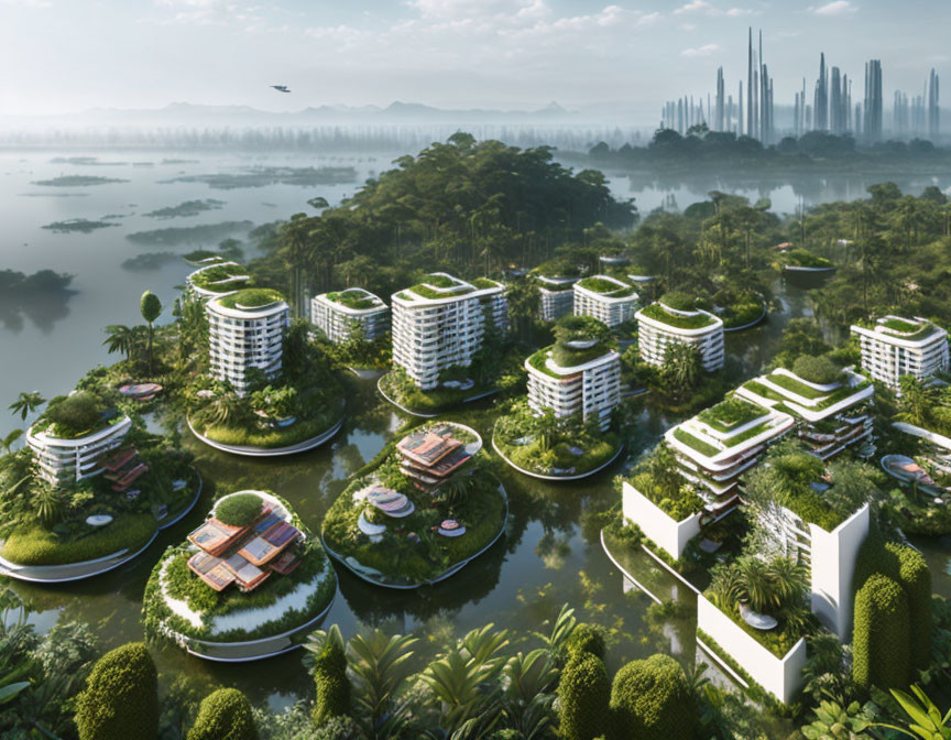 Green cityscape with circular rooftop gardens, water, forest, and modern skyline.