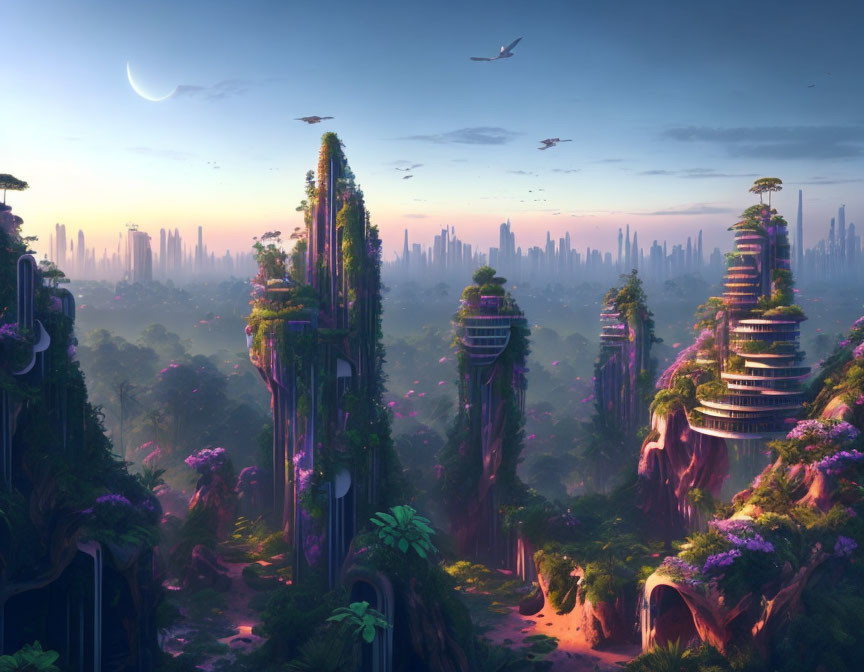 Futuristic architecture in lush forest under twilight sky