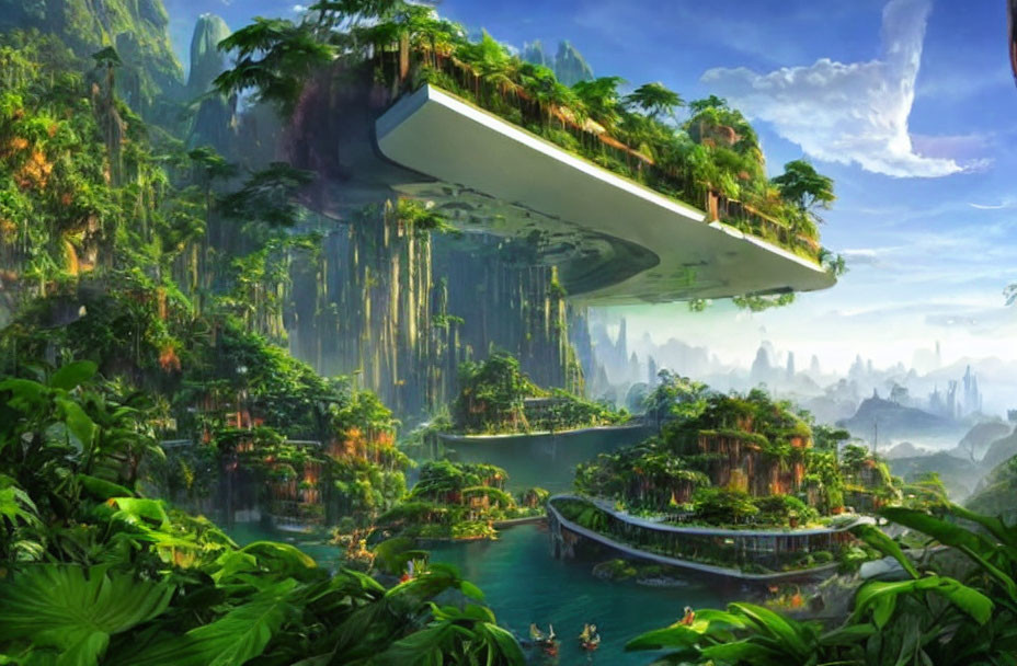 Futuristic floating structures in lush green jungle landscape