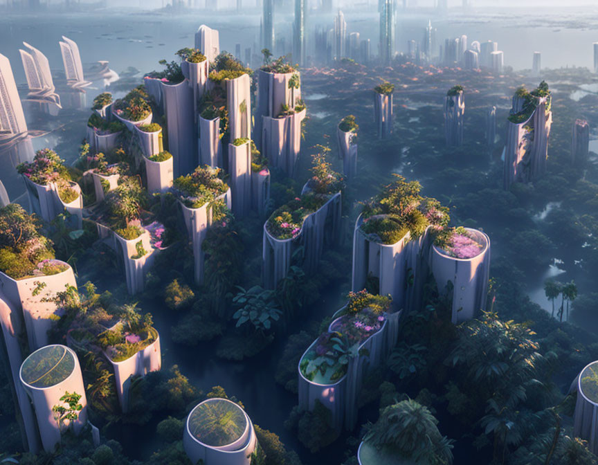 Futuristic cityscape with greenery on vertical structures by tranquil water