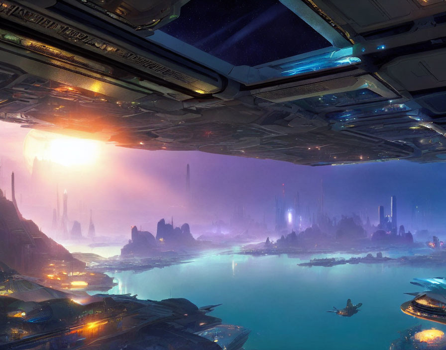 Futuristic cityscape with towering spires under starry sky viewed from spaceship's bay