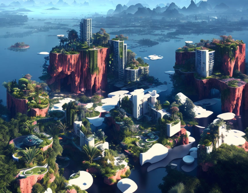 Futuristic city on floating red rock islands with lush greenery