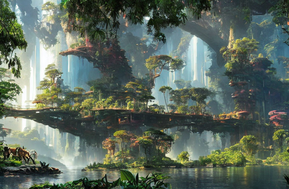 Enchanting Fantasy Forest with Waterfalls and River